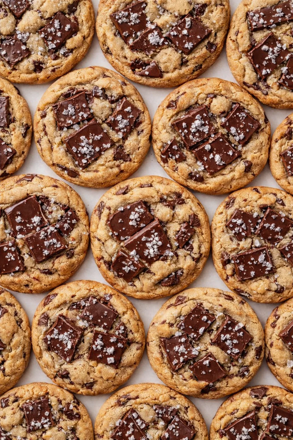 Overhead view of cookies topped with chocolate chunks and flaky sea salt.