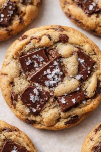 Close-up of golden-brown chocolate chunk cookies with flaky sea salt