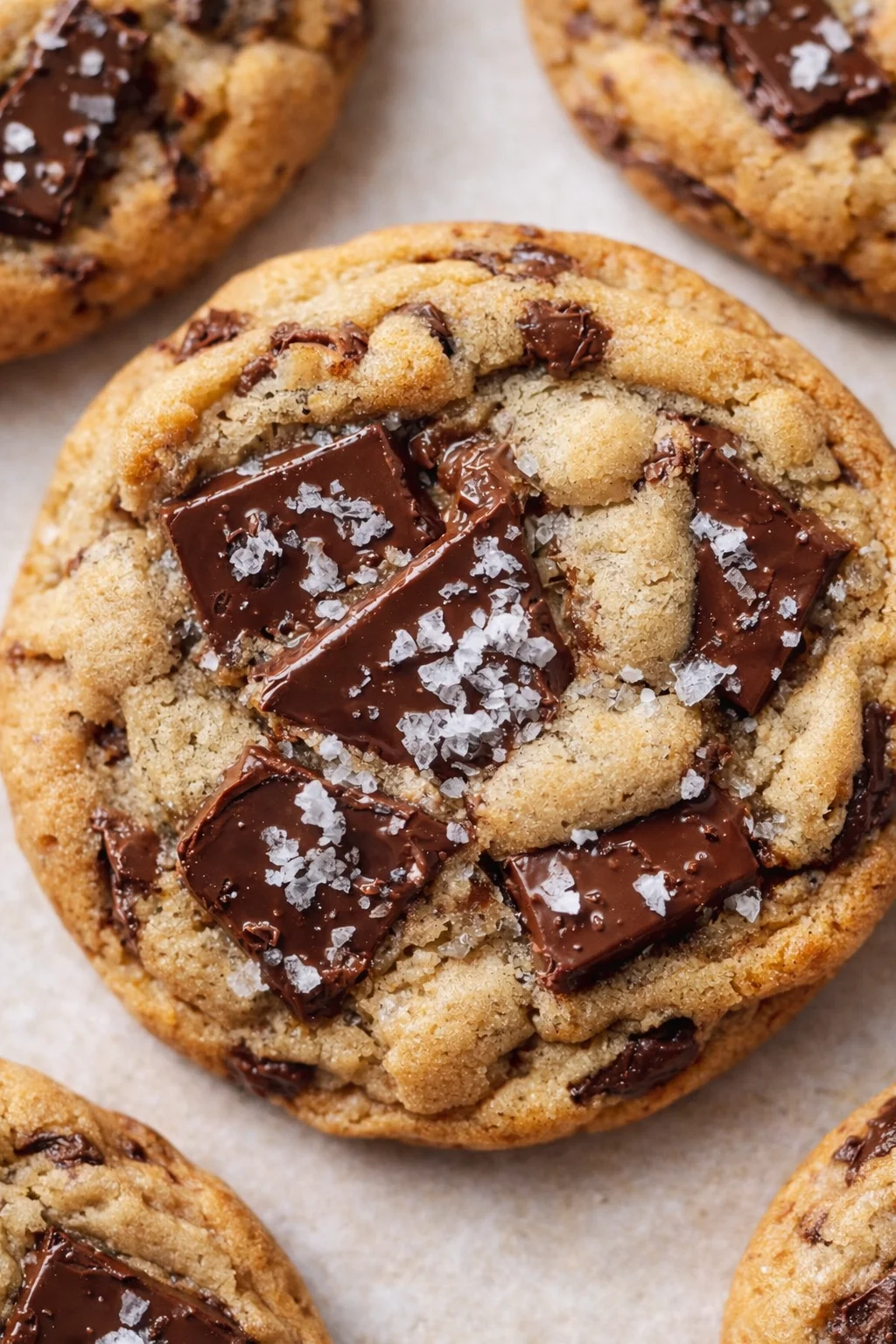 Close-up of golden-brown chocolate chunk cookies with flaky sea salt