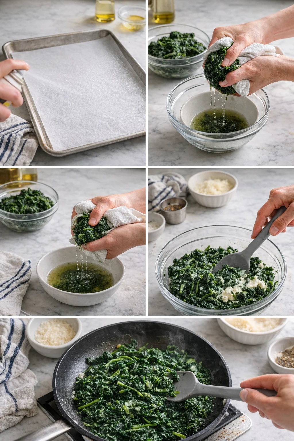 collage showing kale prep: salt-dusted parchment tray, wringing kale, and sautéed greens in a skillet with cheese