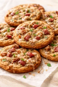 Savory bacon-cheddar cookies with cheese drizzle on parchment paper, close-up