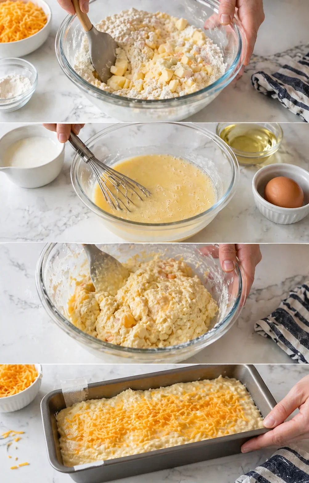 collage showing butter-dough, whisked eggs, and cheddar-topped batter ready for baking in a loaf pan