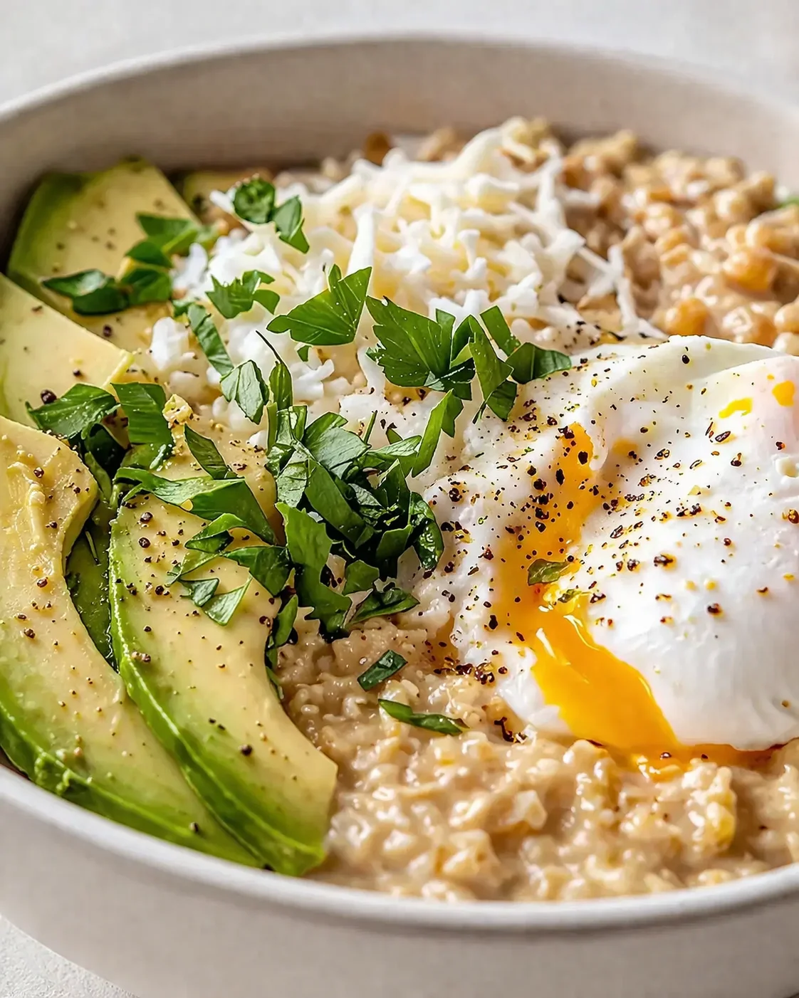 creamy oatmeal bowl topped with avocado slices, fresh herbs, shredded cheese, and a runny egg