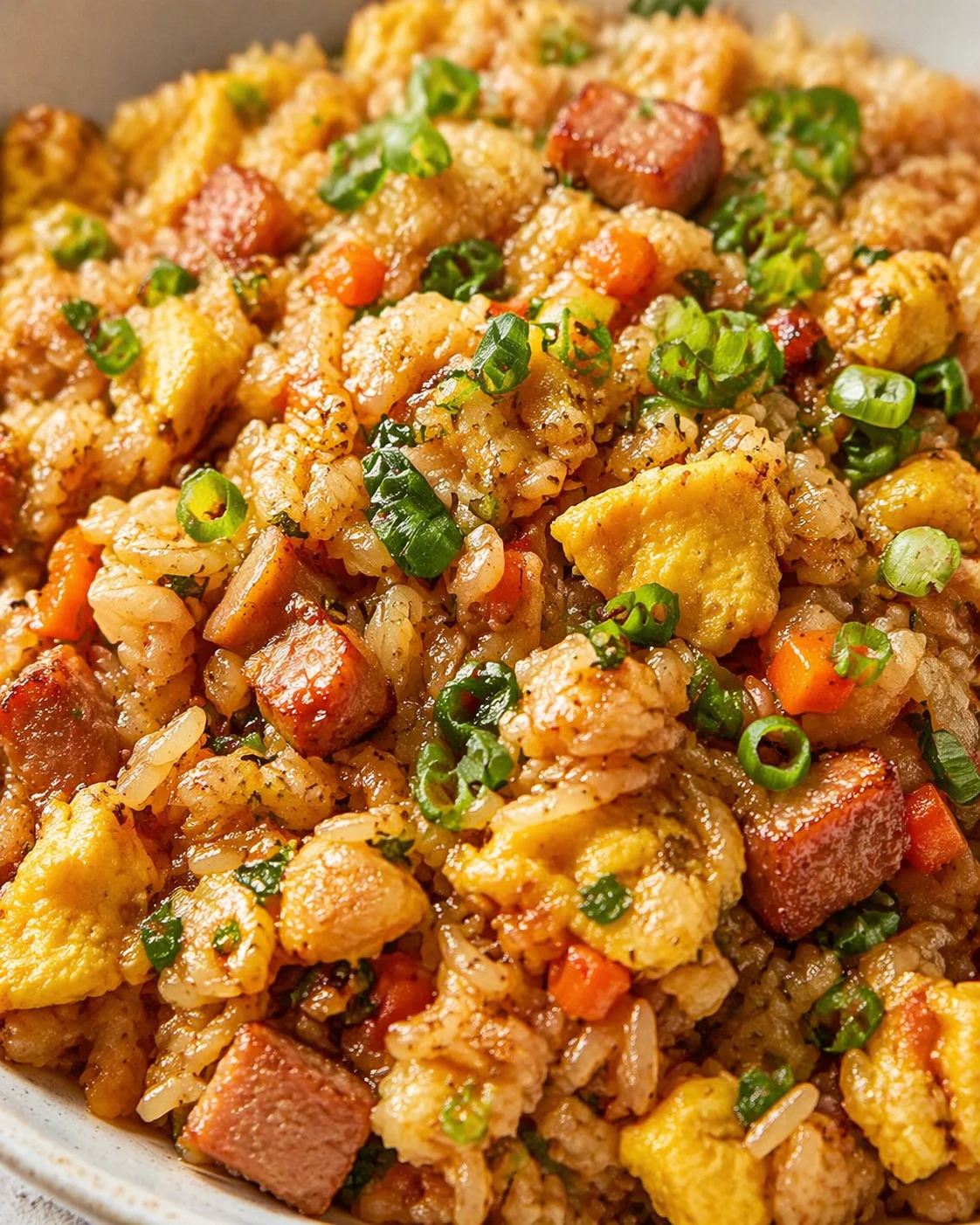 close-up of ham and egg fried rice with carrots and green onions in a skillet