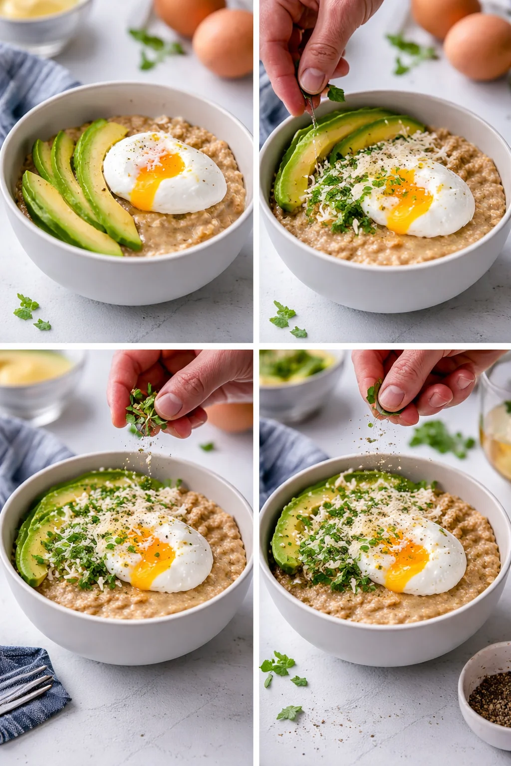 Four-panel collage of oatmeal with avocado slices and a sunny-side egg being garnished.