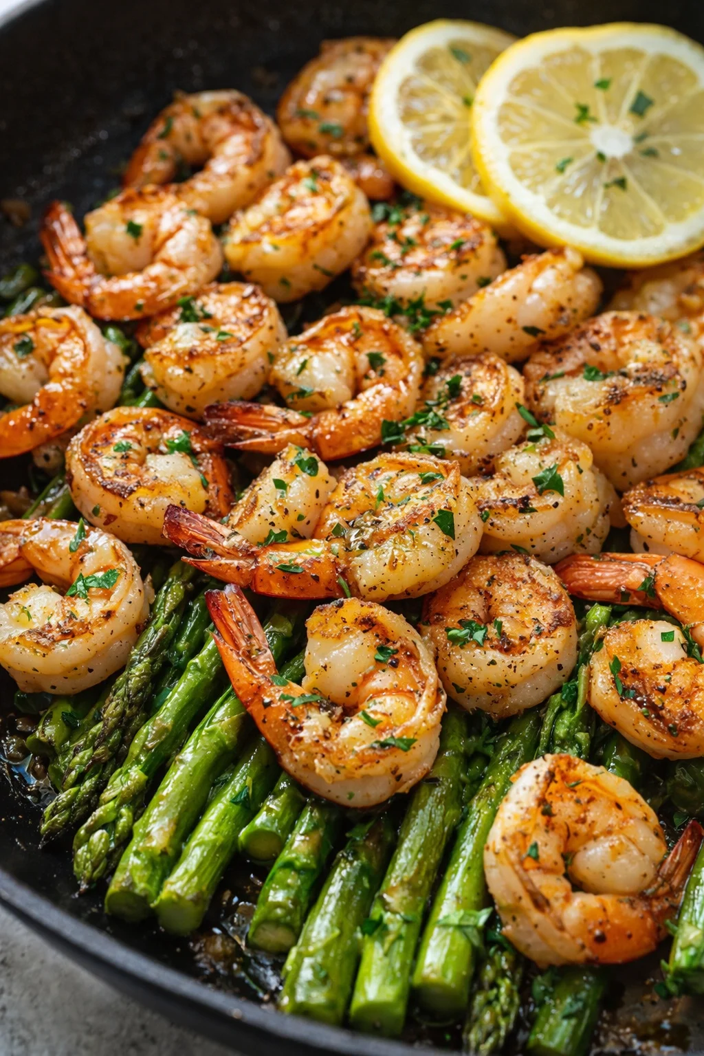 pan-seared shrimp and asparagus in a skillet with lemon wedges and parsley garnish