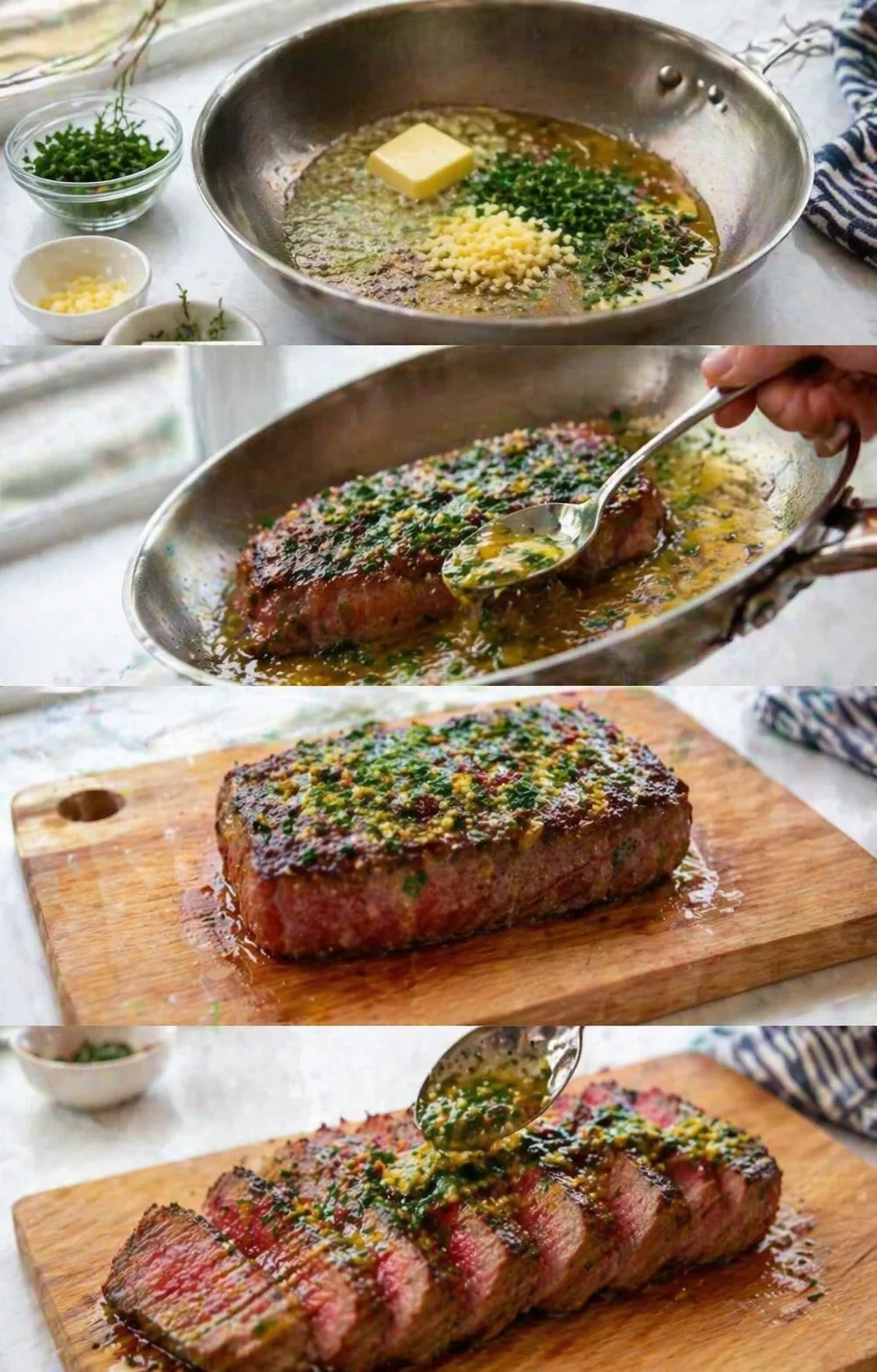 Collage showing herb-butter steak being prepared: searing, sauce, and sliced final dish on a wooden board.
