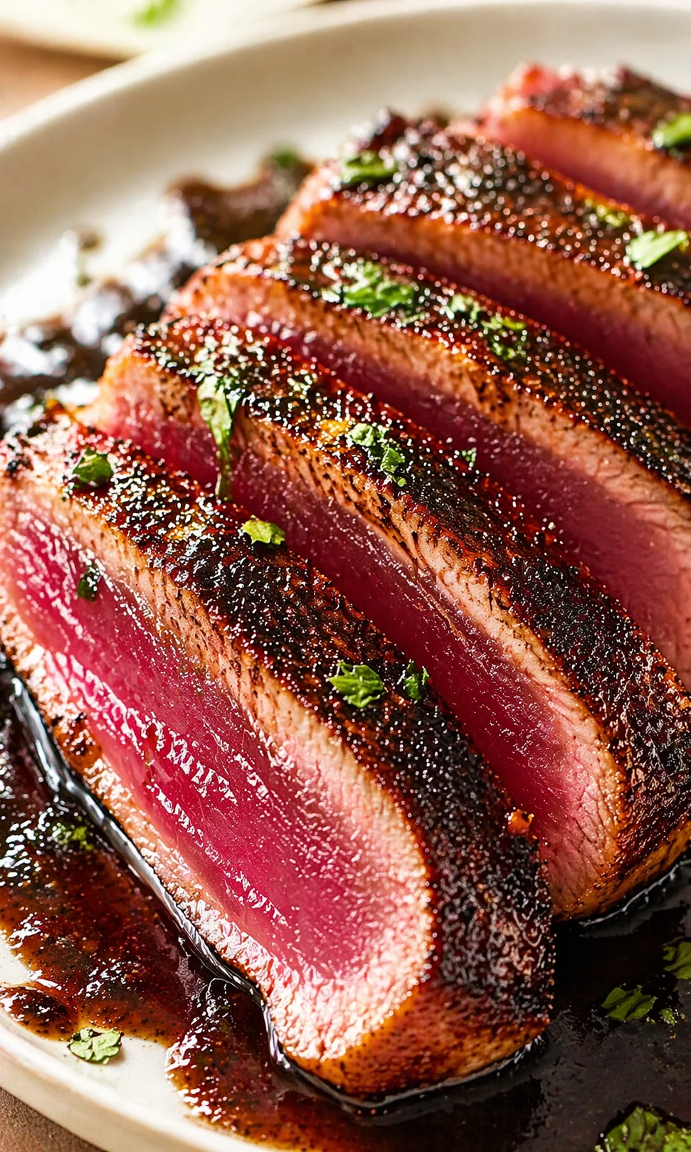 slices of seared tuna with pink centers, dark crust, and herb garnish on a light plate