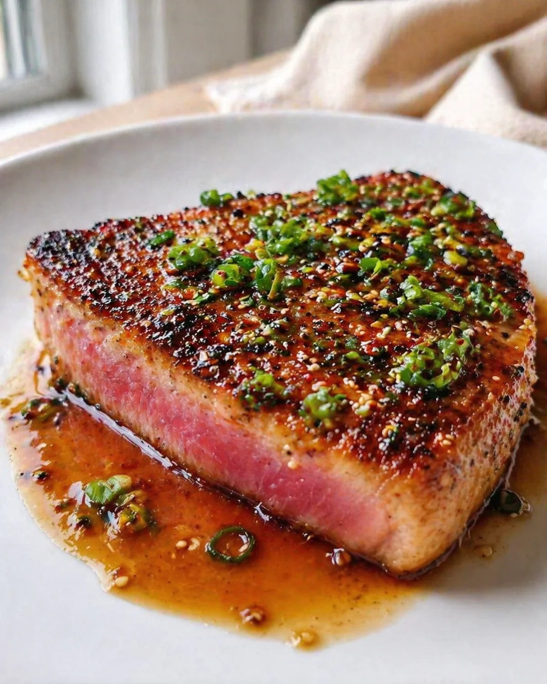 thick seared tuna steak with sesame crust and green onion garnish on white plate
