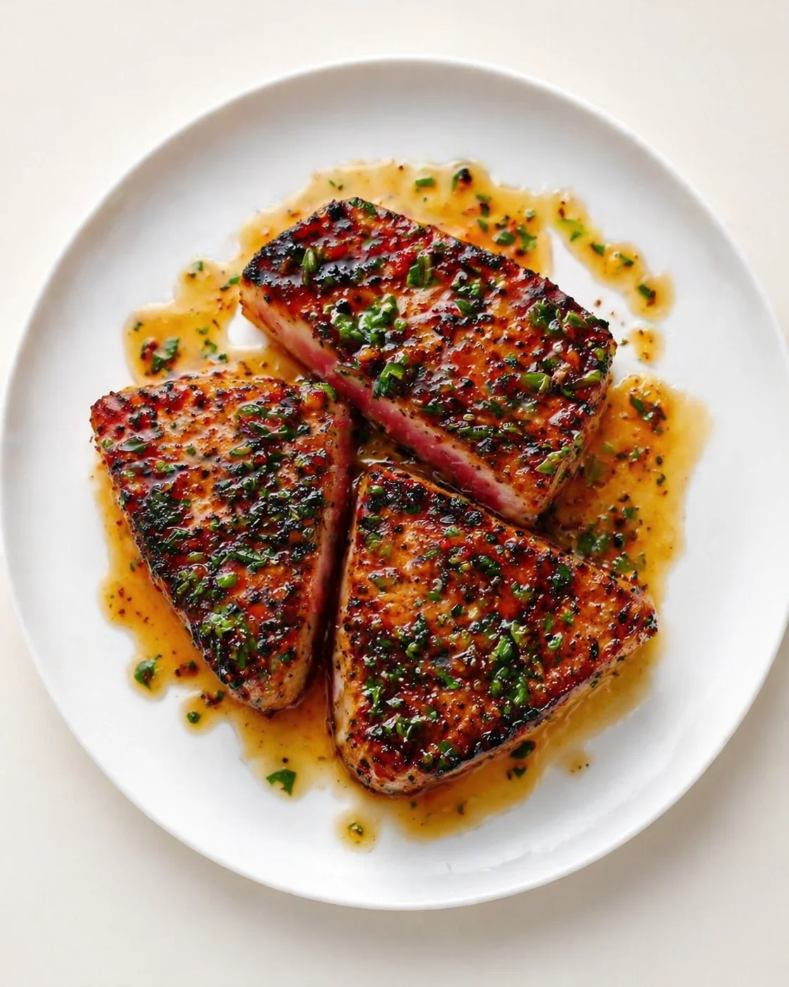 three seared tuna steaks with orange glaze and chopped herbs on a white plate