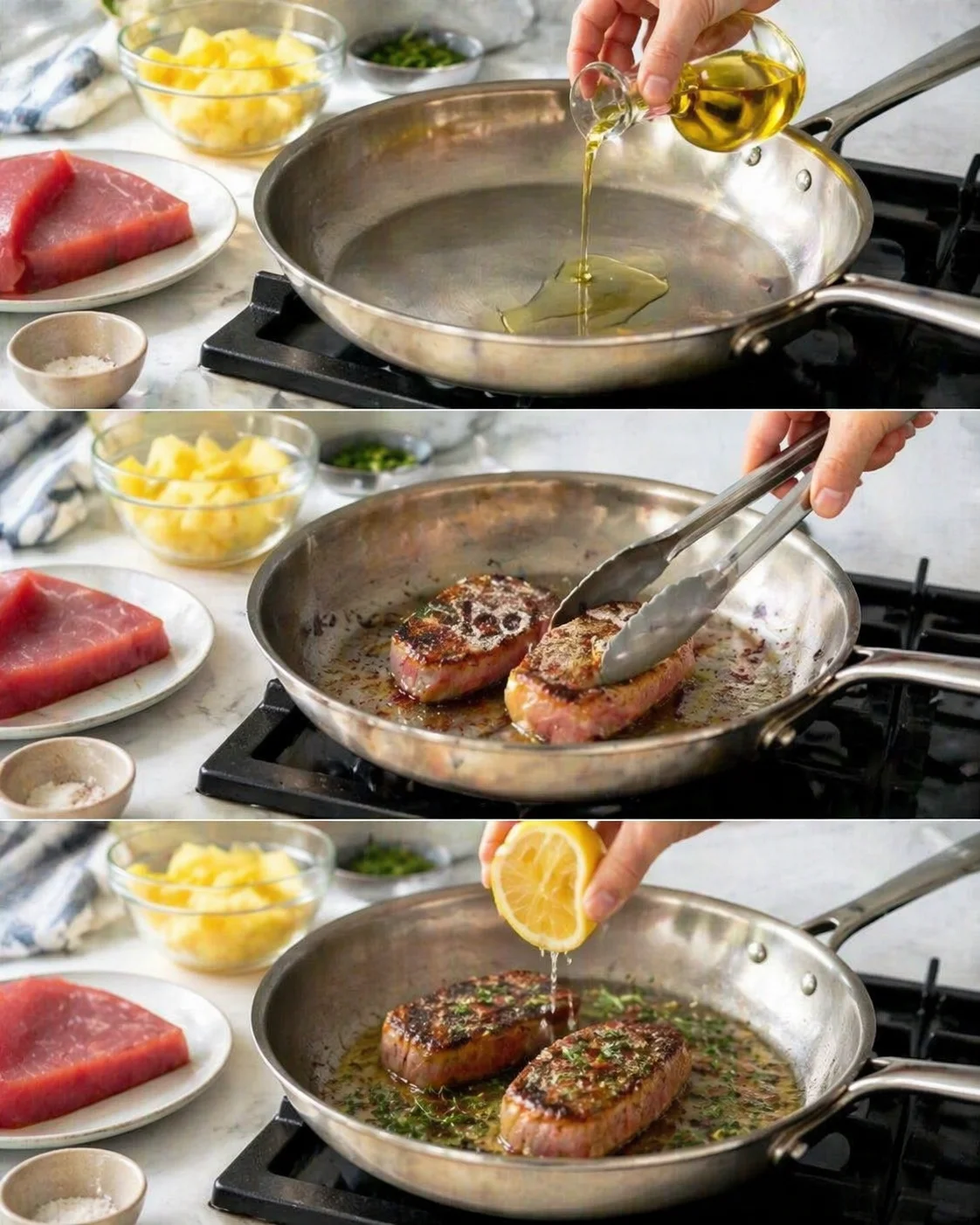 Three-panel sequence of tuna steaks searing in a skillet, with olive oil, lemon, and prep bowls in background.