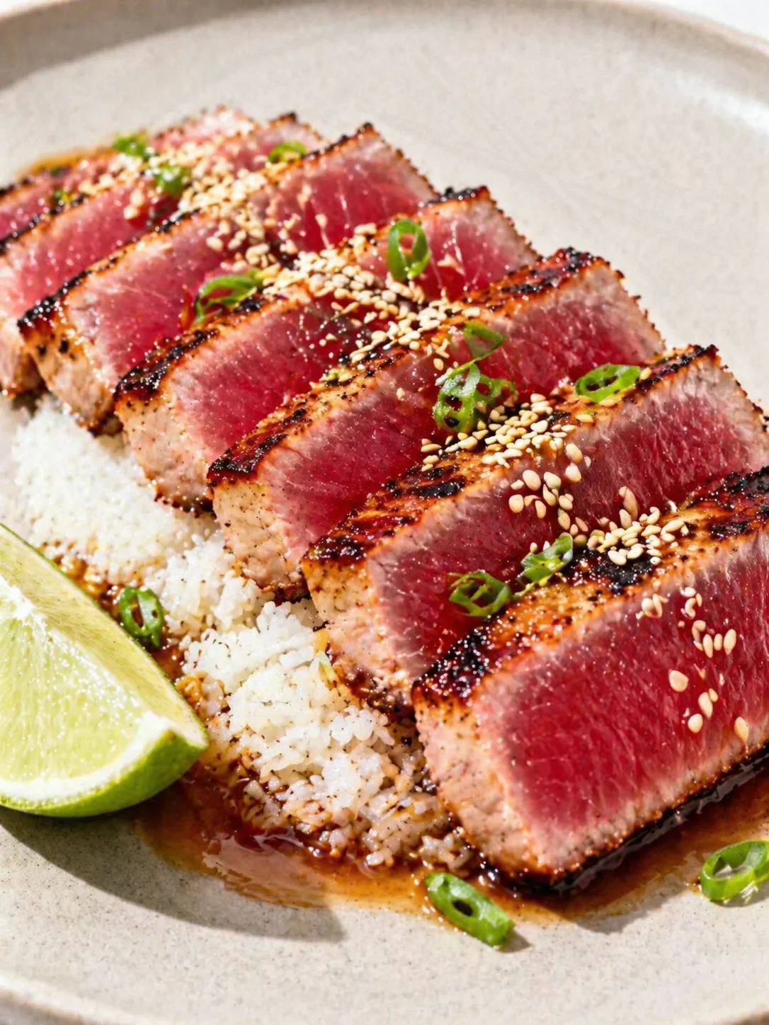 Sliced seared tuna tataki atop rice, sprinkled with sesame seeds and green onions, lime wedge.