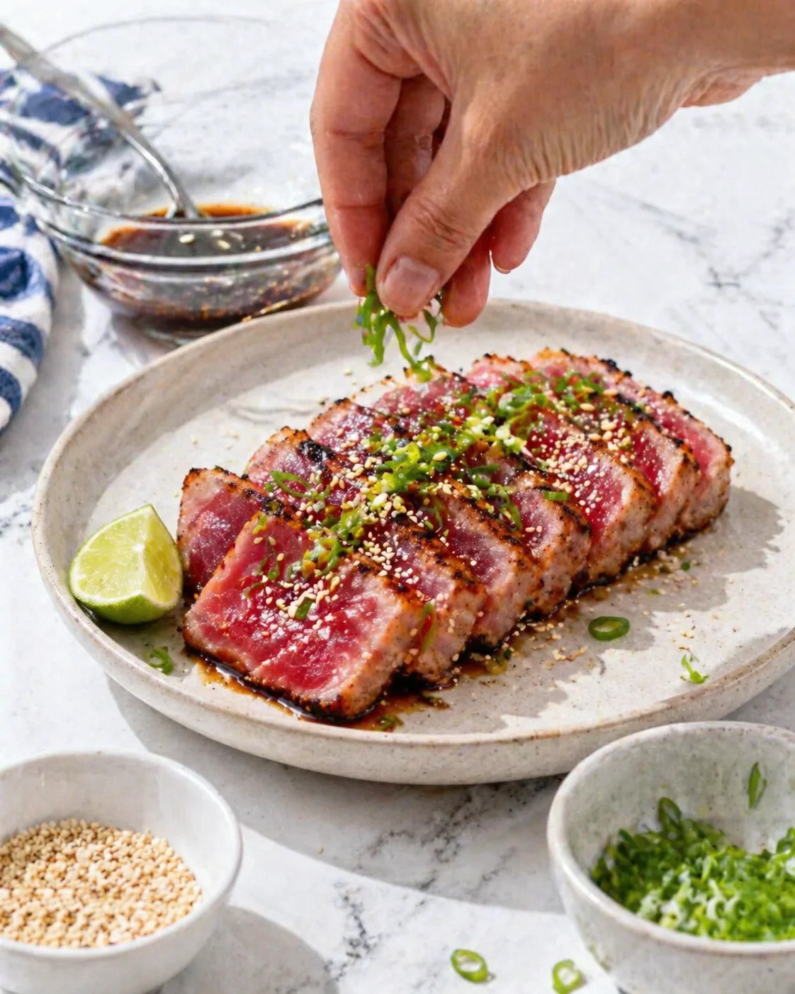 Sliced seared tuna tataki on a light plate, sprinkled with sesame seeds and chopped greens, lime wedge on side.