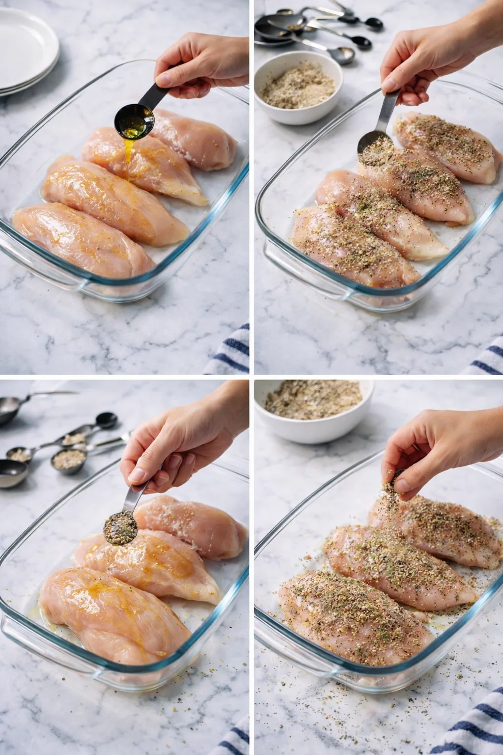 Four-panel collage showing raw chicken breasts in a glass dish being brushed with oil and seasoned.