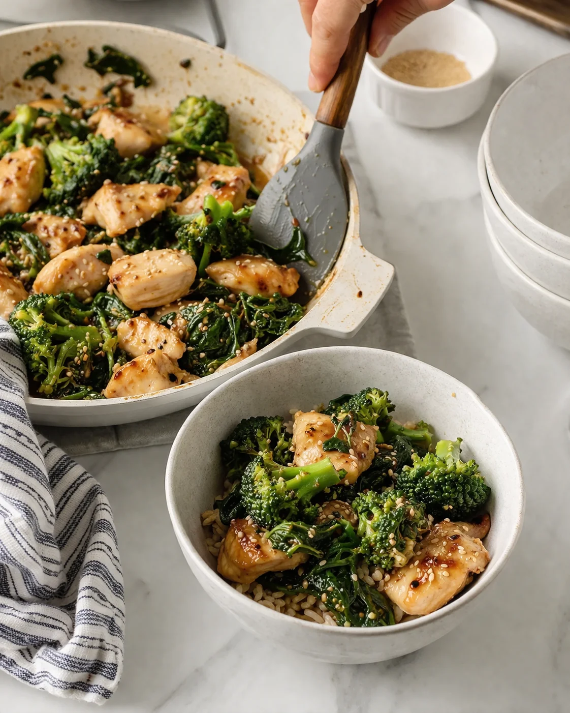 Sautéed chicken and greens (broccoli and kale) with sesame seeds in a skillet and bowl.