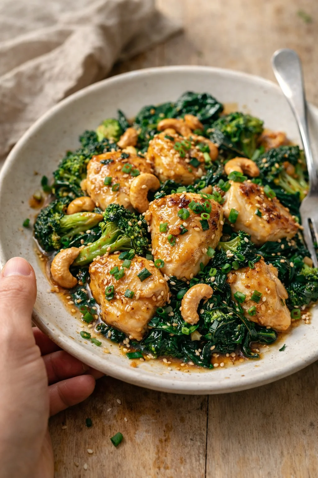 Sesame-glazed chicken atop sautéed kale with cashews on a rustic plate.