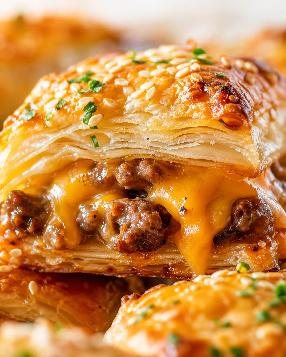 close-up of golden flaky pastry topped with sesame seeds and herbs, melted cheese and sausage filling