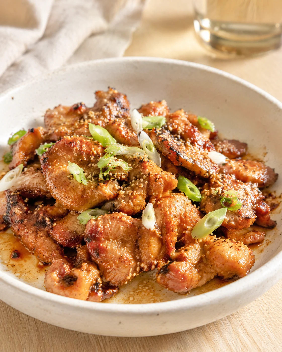 glazed pork bites with sesame seeds and green onions in a speckled ceramic bowl