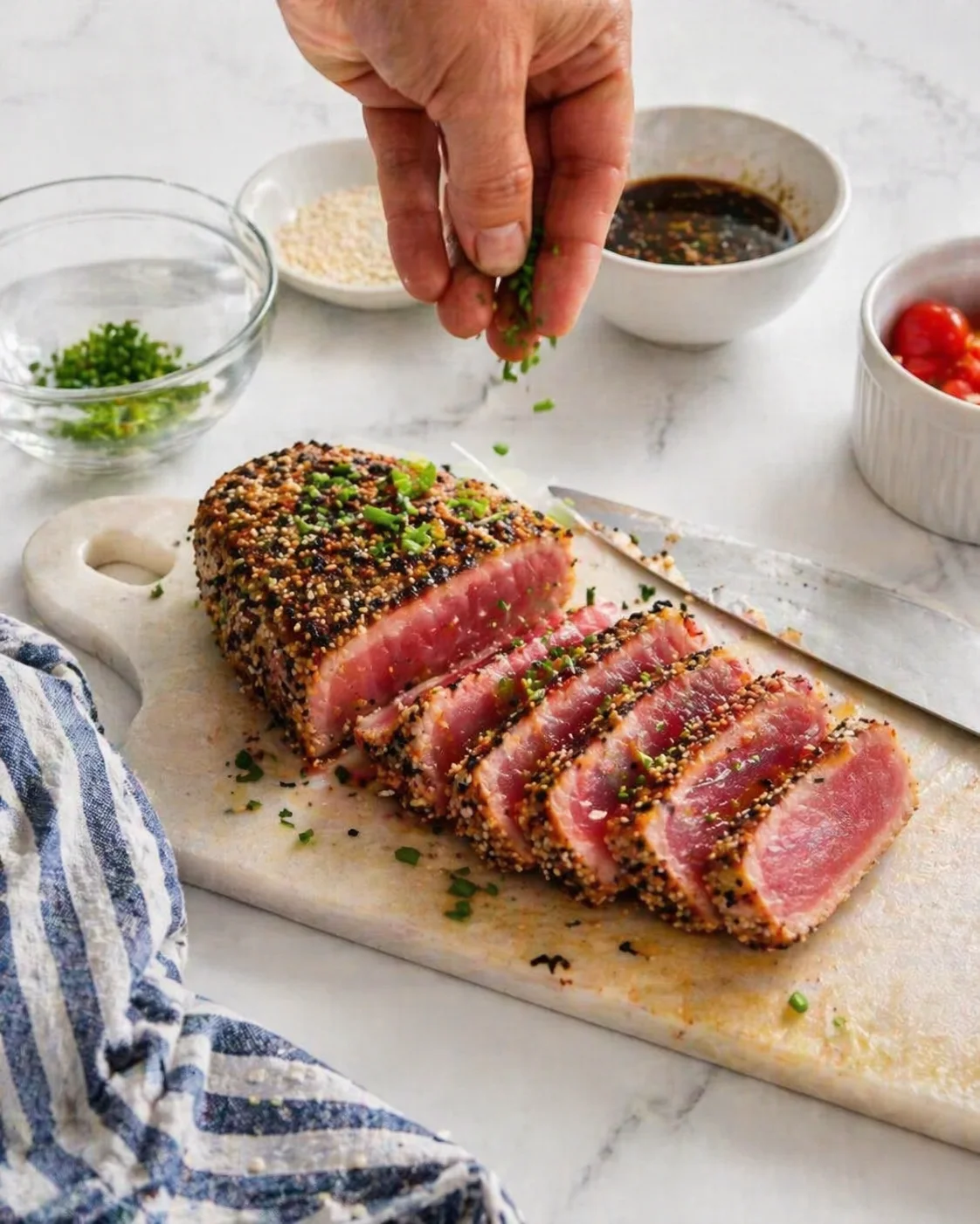 Sliced sesame-crusted seared tuna on a cutting board with herbs and dipping sauces nearby.