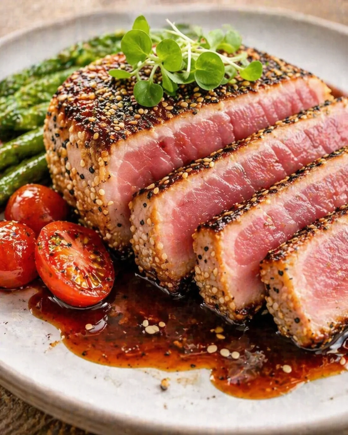 Slices of sesame-crusted tuna steak, pink-centered, on a plate with greens and tomatoes