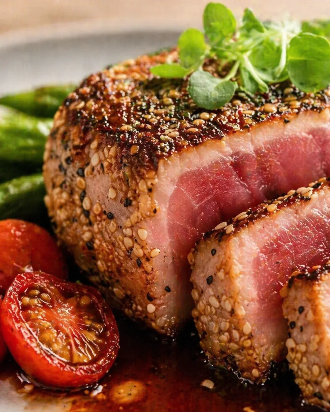 Sesame-crusted tuna steak slices with microgreens and roasted tomatoes on a plate