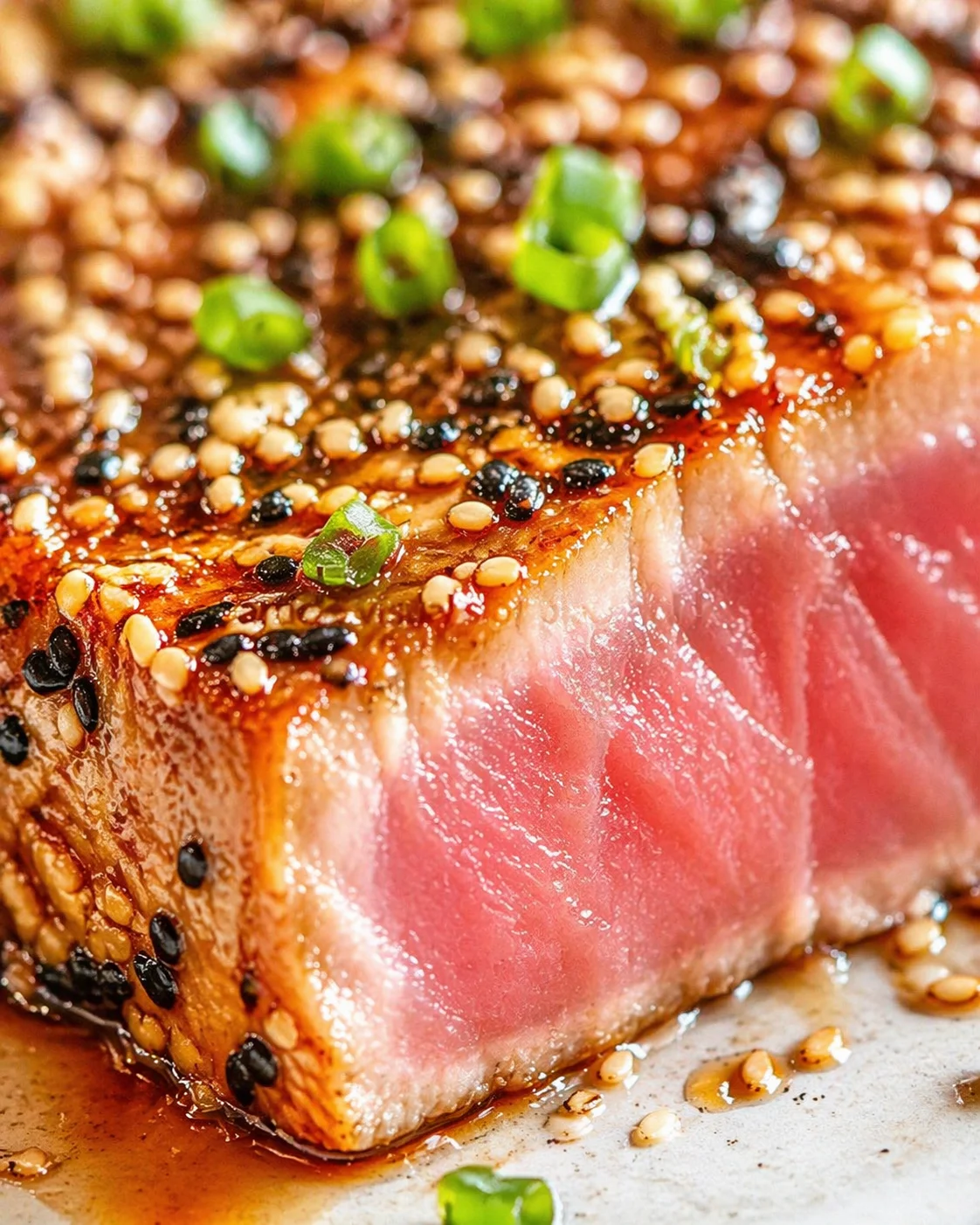 close-up of sesame-crusted tuna steak, pink center, topped with chopped green onions