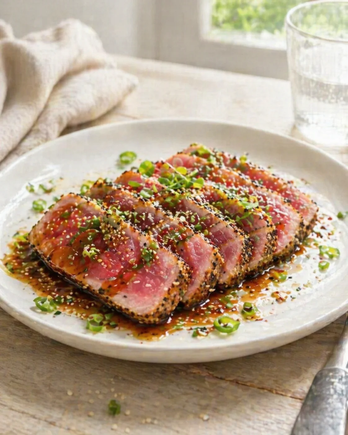 Sesame-crusted seared tuna slices on a plate with glossy sauce and green onions.