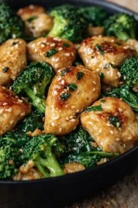 Golden-brown sesame-glazed chicken bites with broccoli in a skillet