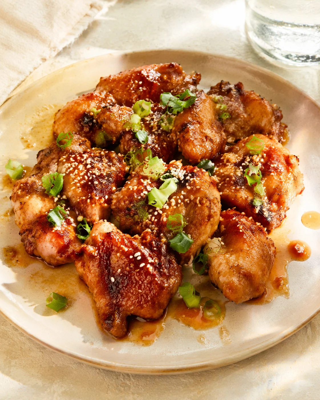 Plate of sesame-glazed chicken bites garnished with green onions and sesame seeds