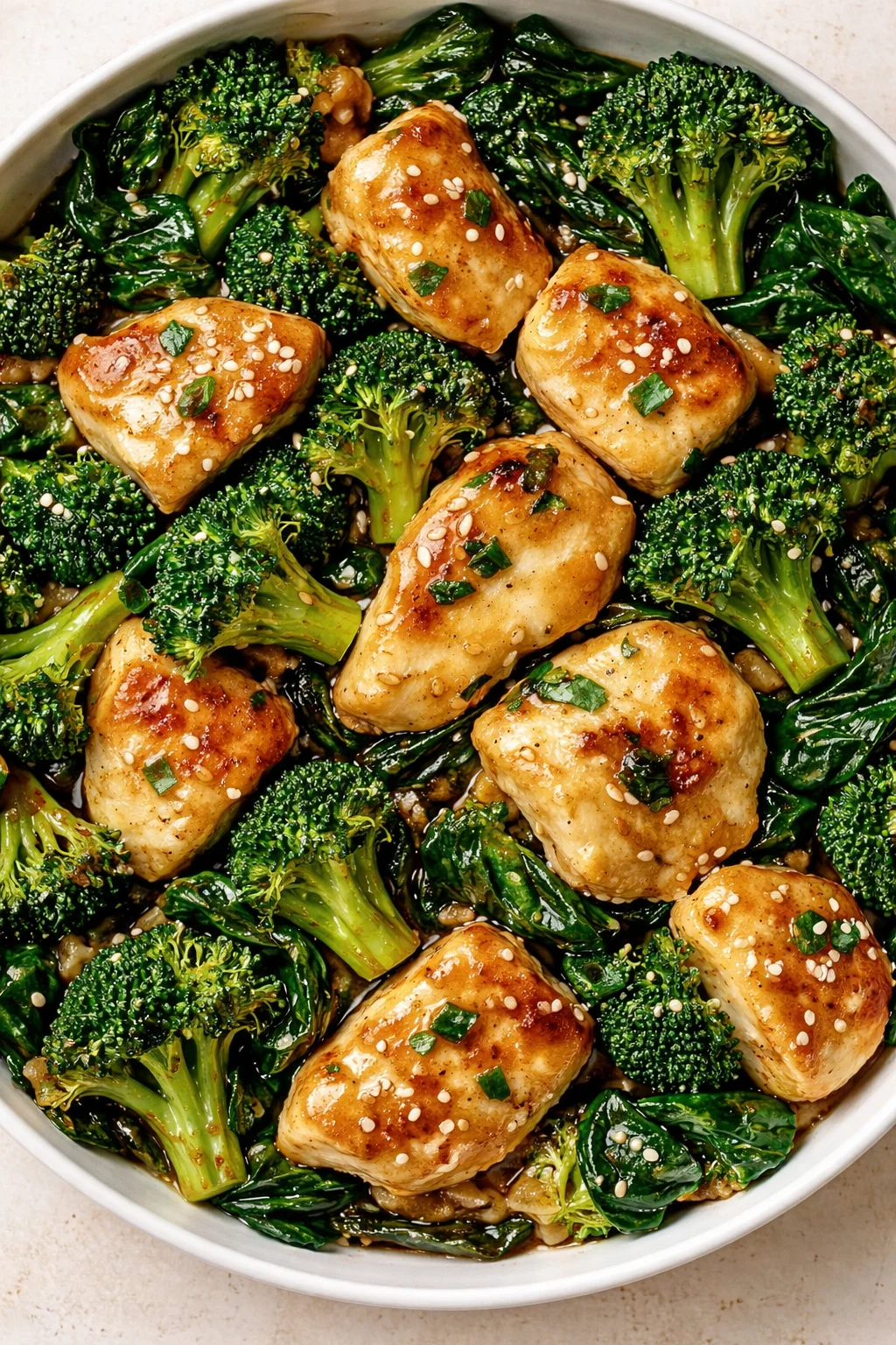 Golden-brown chicken pieces nestled among broccoli florets, topped with sesame seeds and chopped green onions.