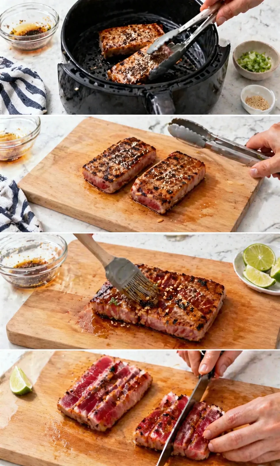 Four-panel collage of step-by-step pork belly: air fryer, cooking, brushing glaze, and slicing on a cutting board.