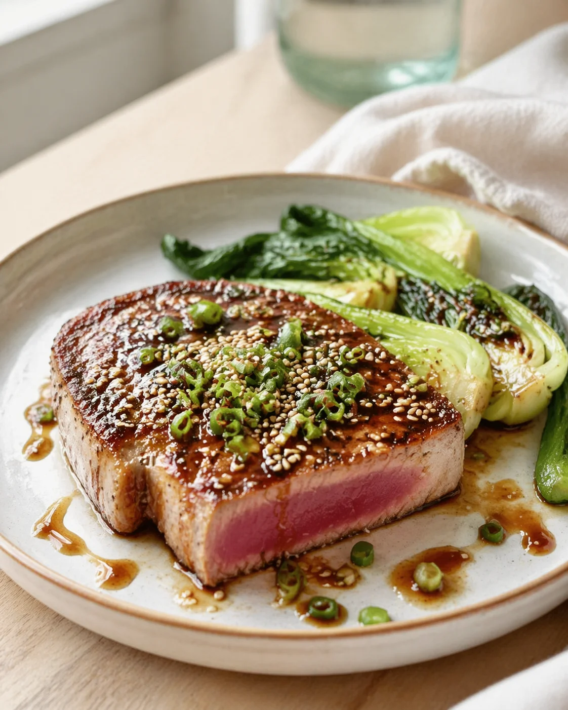 seared steak with sesame seeds and bok choy on a white ceramic plate