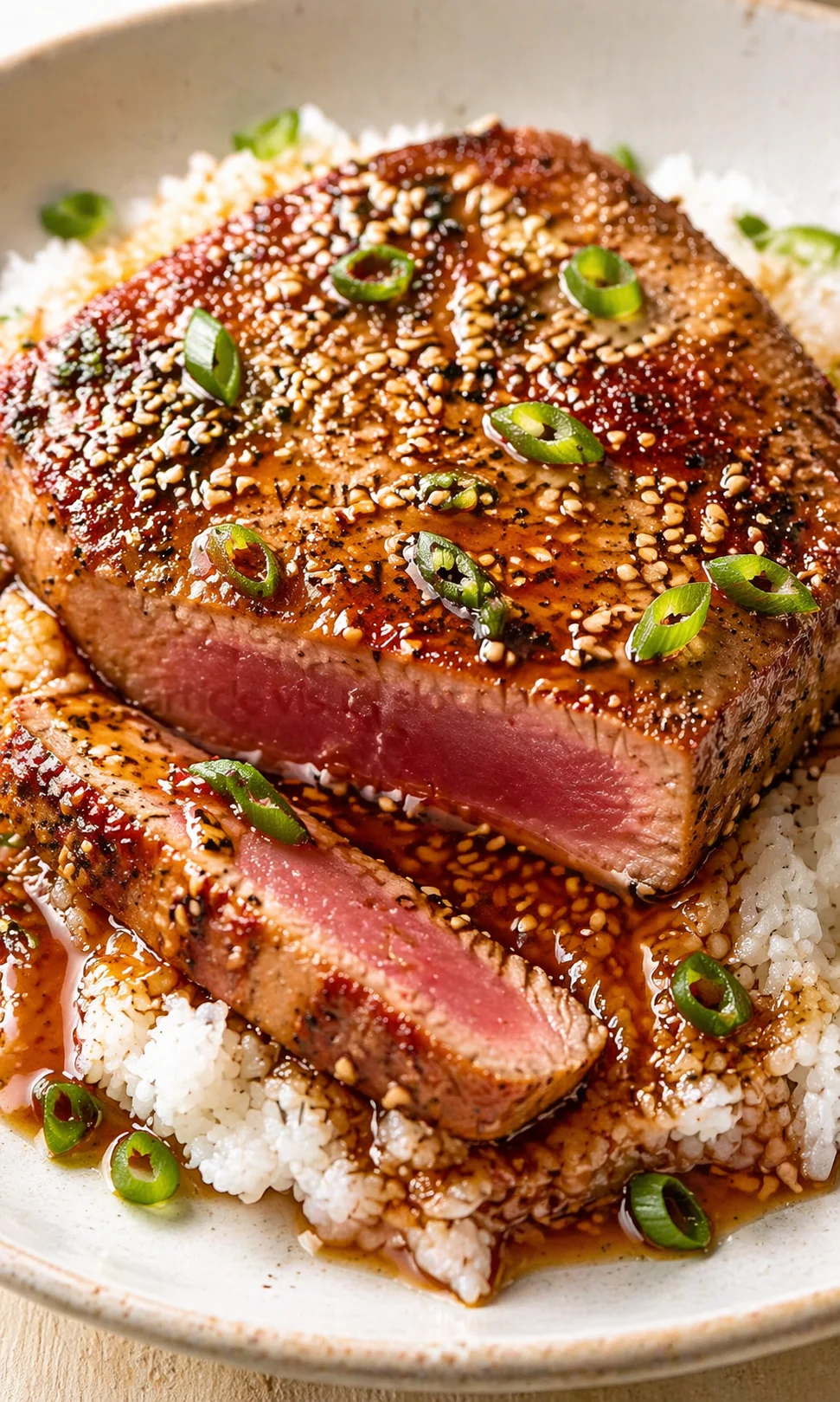 Thick sesame-glazed steak resting on white rice, topped with green onion rings.