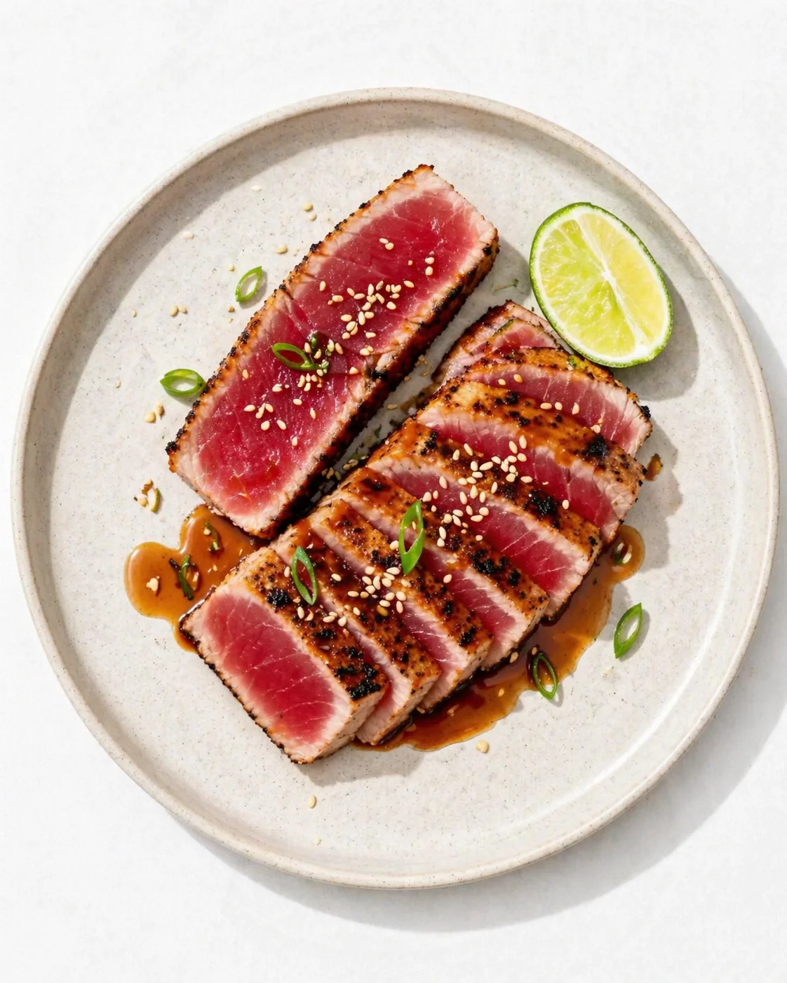 Plated sesame-crusted tuna slices with lime wedge on a pale ceramic plate