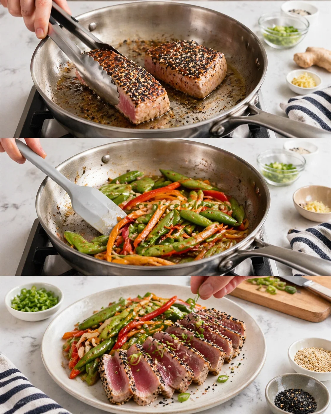 Three-panel collage: seared sesame-crusted tuna in a skillet, colorful vegetable stir-fry, plated sliced tuna with veggies.