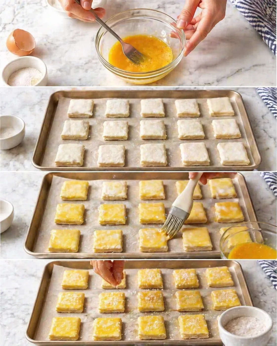 Collage showing whisking eggs, unbaked square pastries on parchment, and egg wash brushing on the squares.