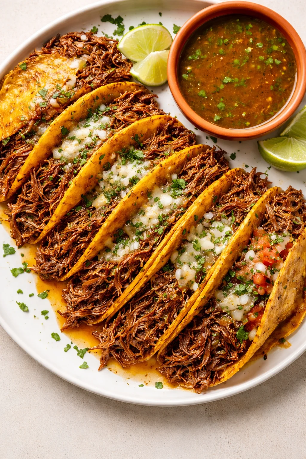 Plate of shredded beef tacos with melted cheese, lime wedges, cilantro, and salsa on the side