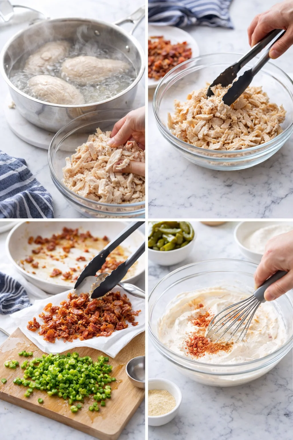 collage of kitchen steps with boiling chicken, shredded chicken, bacon bits, chopped peppers, and whisked dip