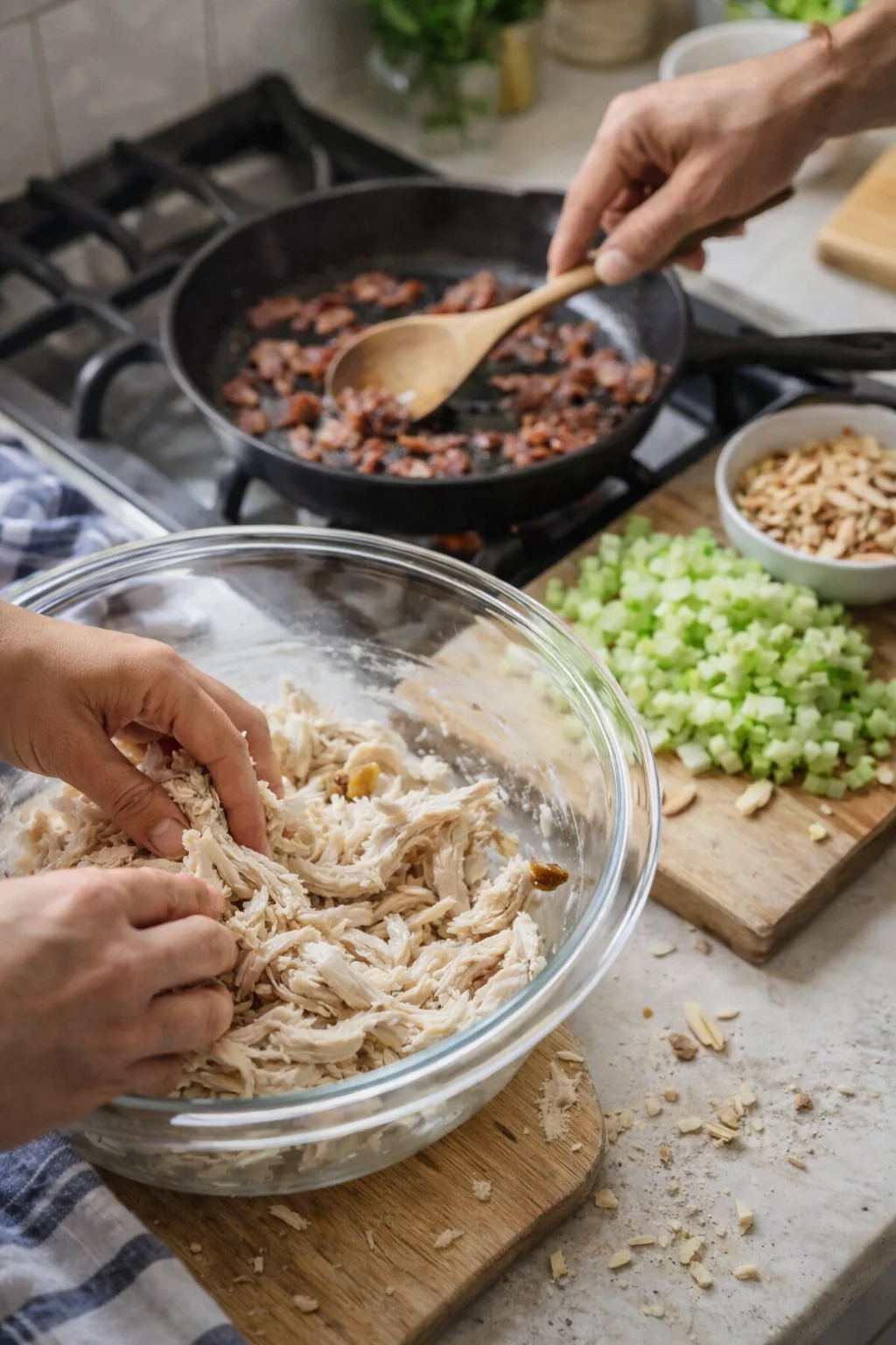 Hands shredding cooked chicken in a glass bowl on a wooden board, with celery and almonds nearby.