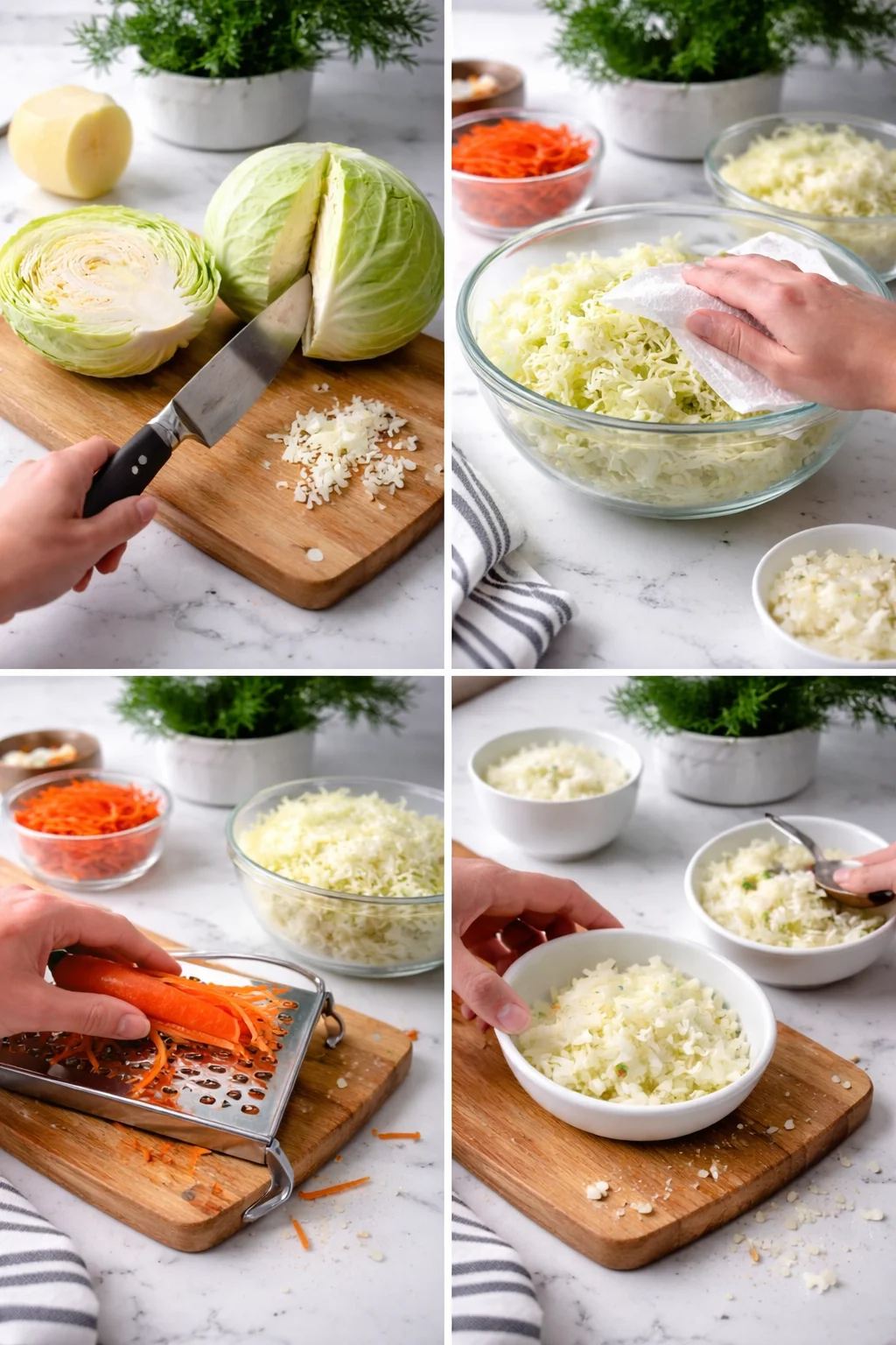Collage of cabbage being chopped, carrots grated, and bowls of shredded cabbage and carrots on a marble countertop