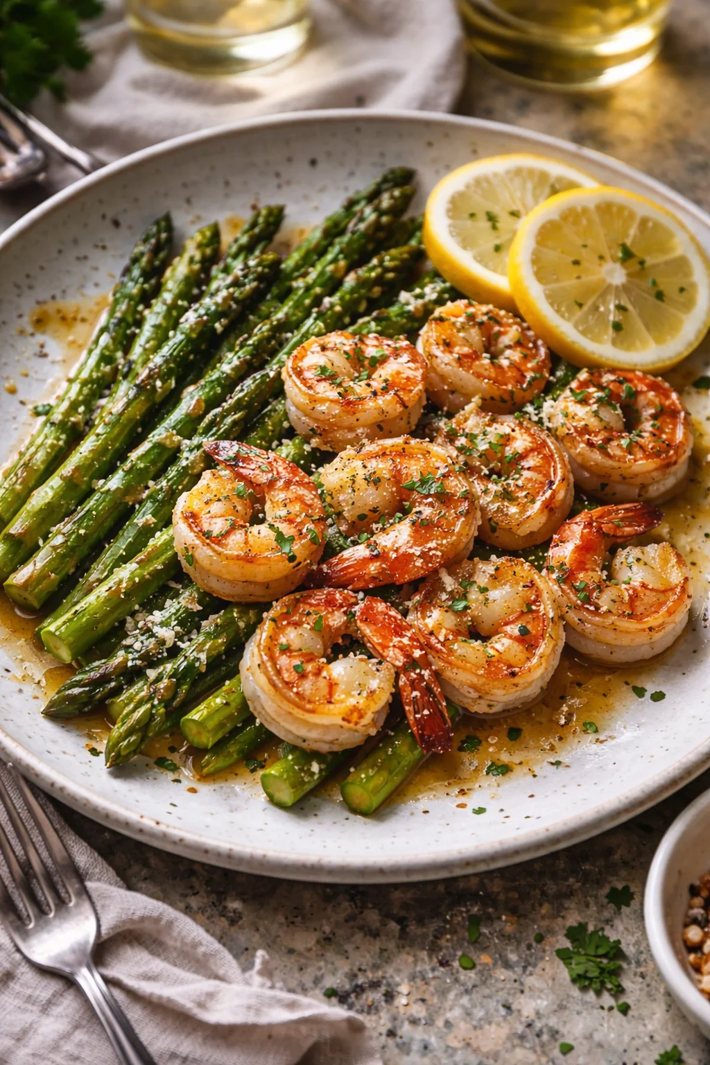 plated shrimp and asparagus with lemon wedges on a rustic speckled plate.