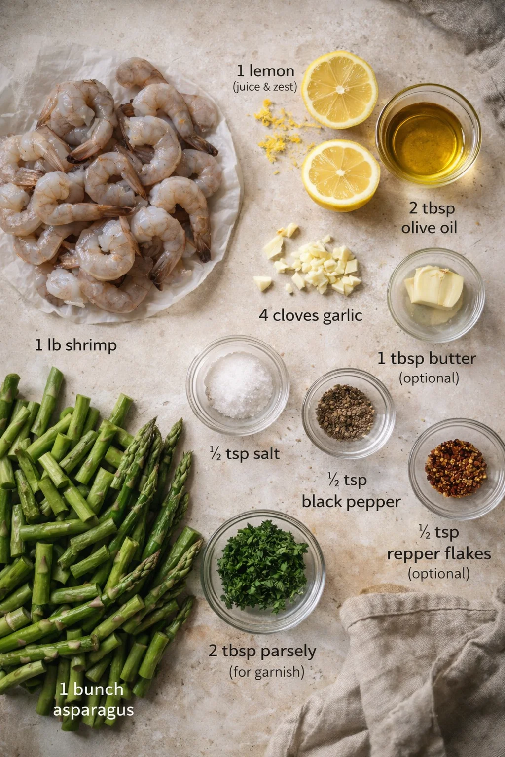 Shrimp on parchment with asparagus, lemons, and seasonings arranged on a light countertop.