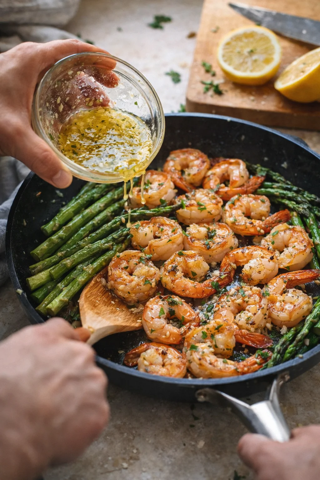 Hands drizzle lemon-herb oil onto shrimp and asparagus in a black skillet.