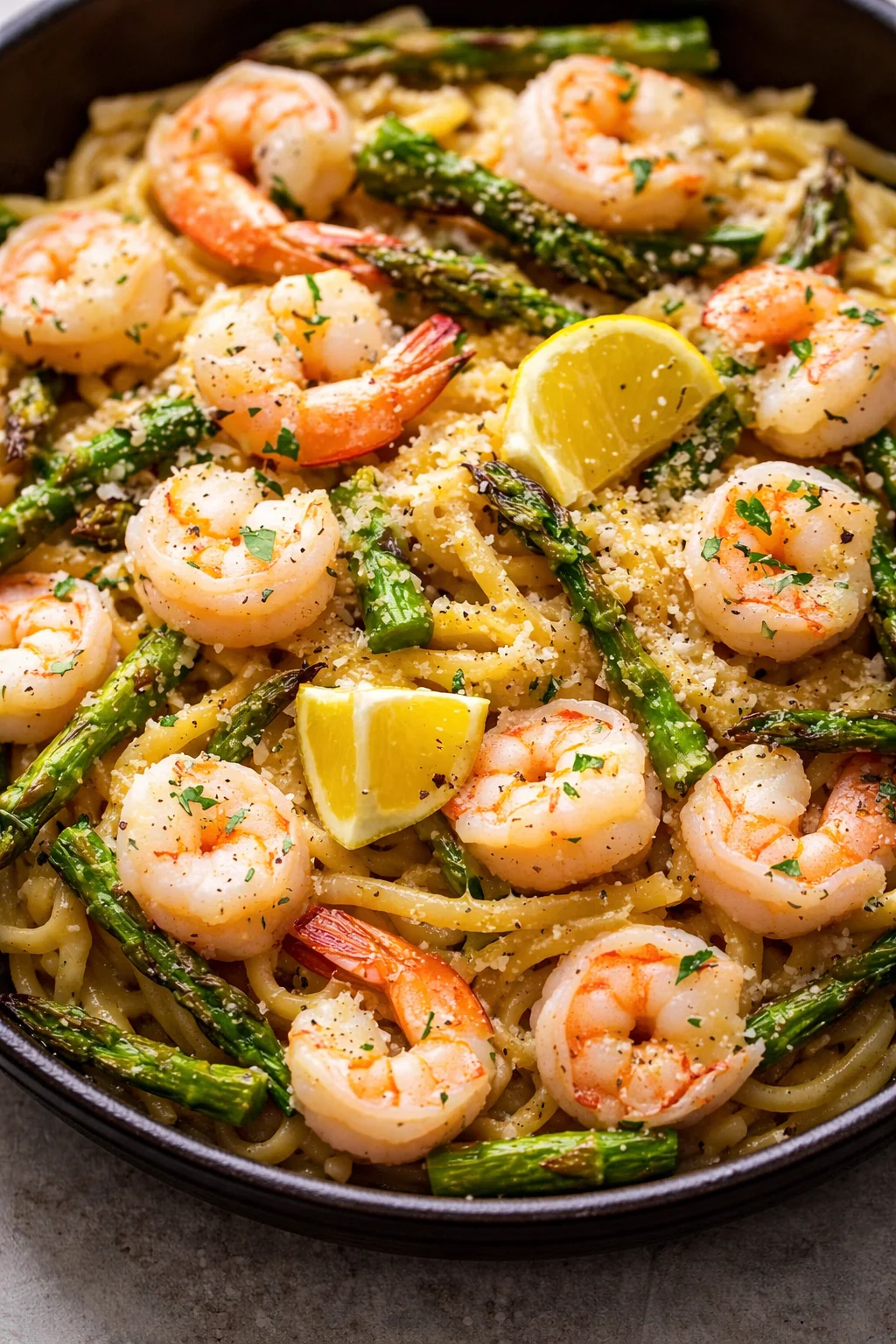 plated shrimp and asparagus pasta with lemon wedges and parmesan in a skillet