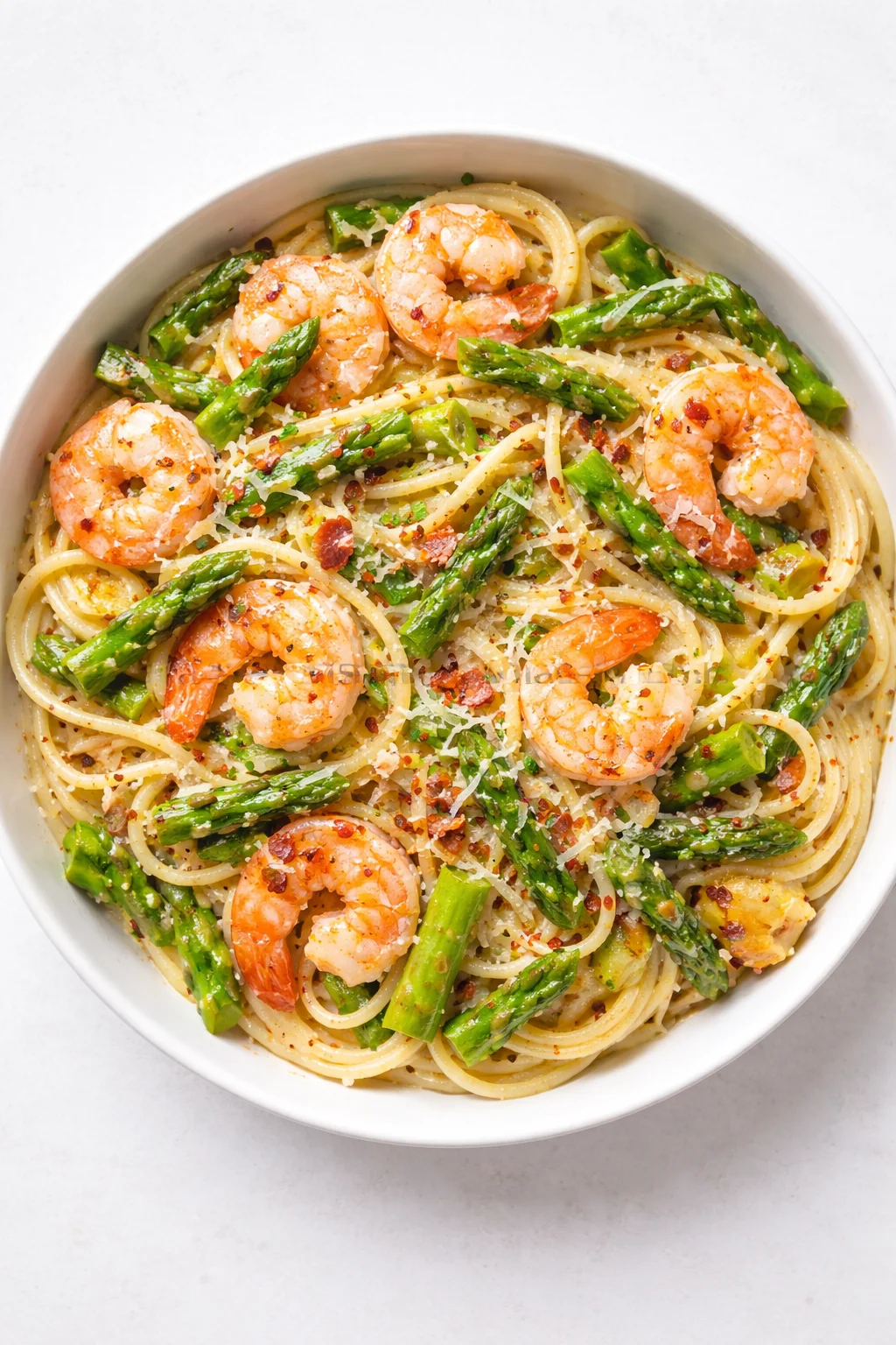 bowl of spaghetti with shrimp and asparagus, topped with parmesan
