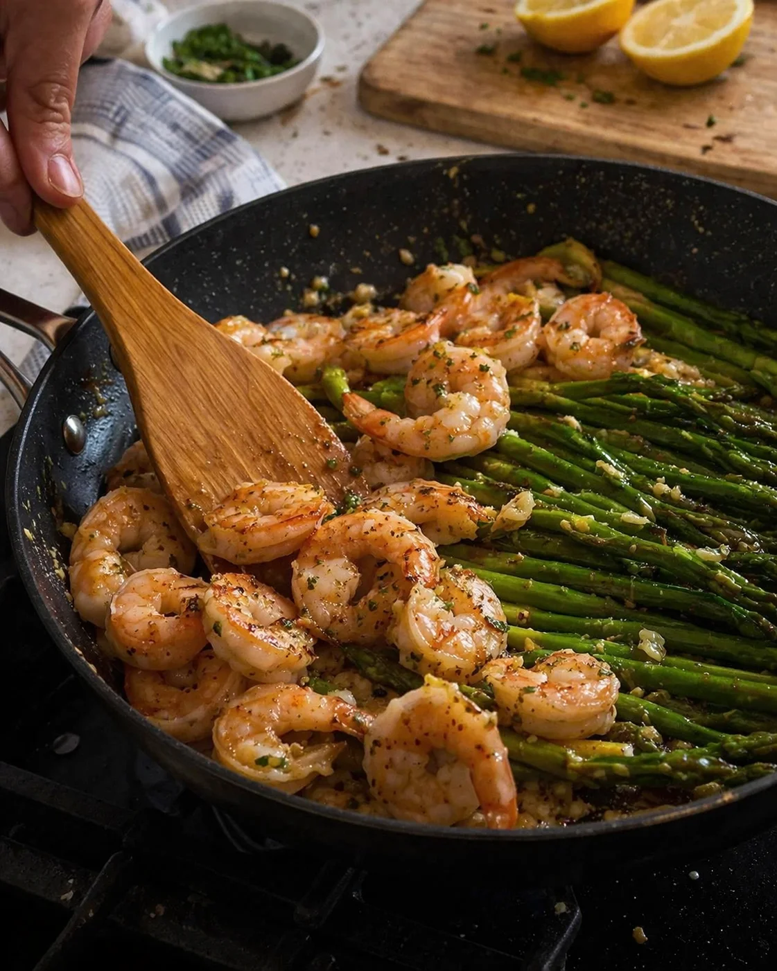 Shrimp and asparagus sizzling in a black skillet, wooden spoon stirring, lemon halves in background.