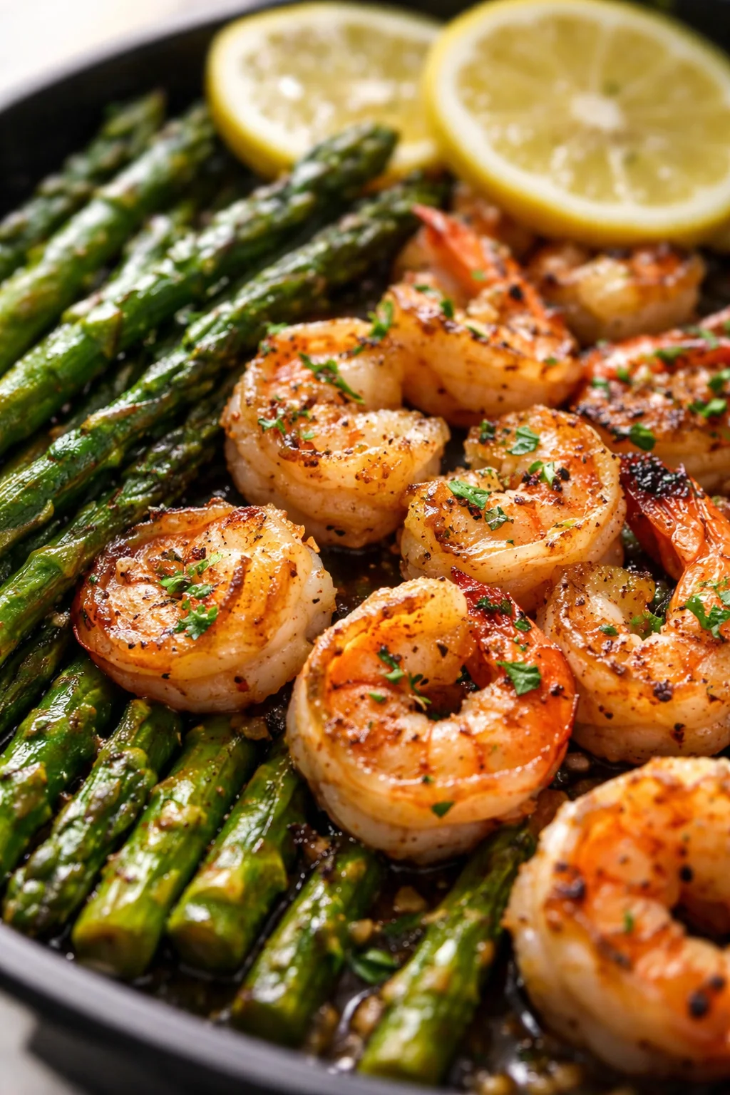 plump seared shrimp curled with bright asparagus and lemon wedges in a dark skillet