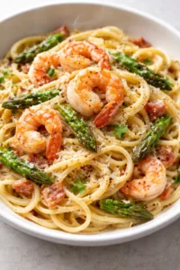 bowl of spaghetti with shrimp, asparagus, and bacon bits in parmesan sauce
