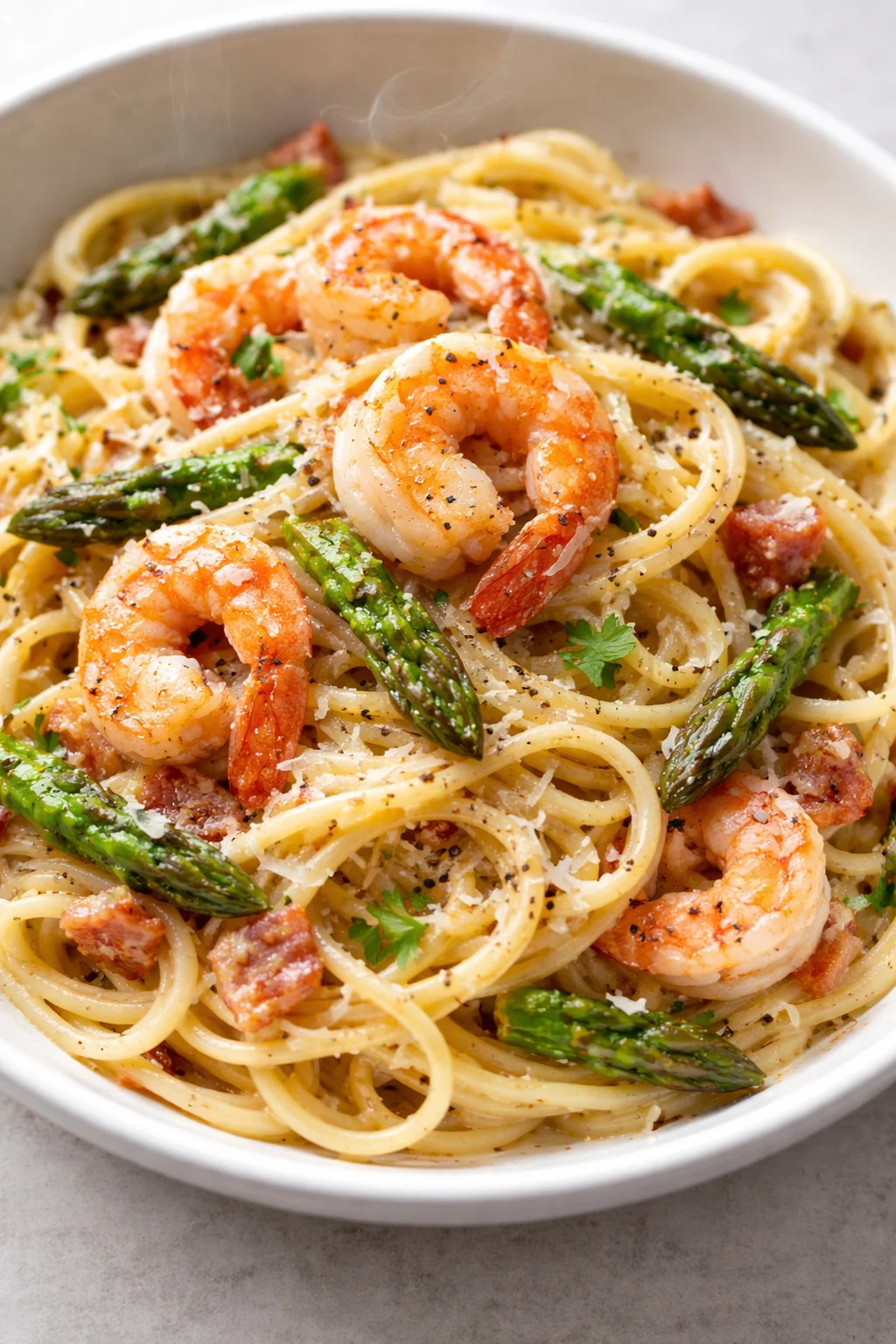 bowl of spaghetti with shrimp, asparagus, and bacon bits in parmesan sauce