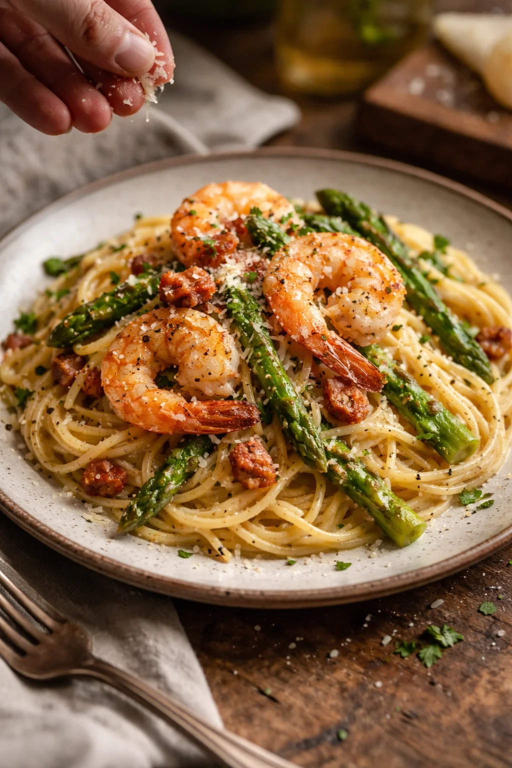 Plate of spaghetti with shrimp and asparagus, topped with grated parmesan.